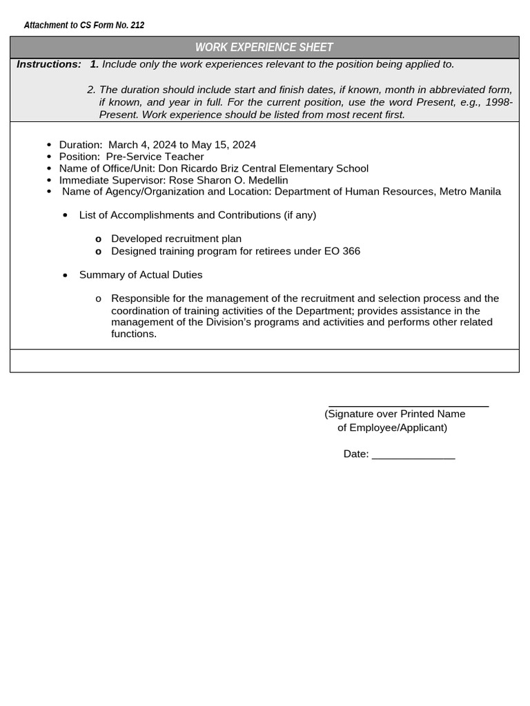 Sheet For Work Experience | PDF