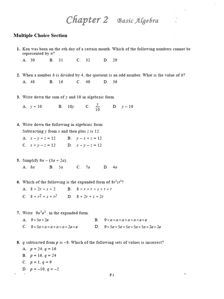 Basic Algebra Multiple Choice Questions | PDF | Area | Rectangle