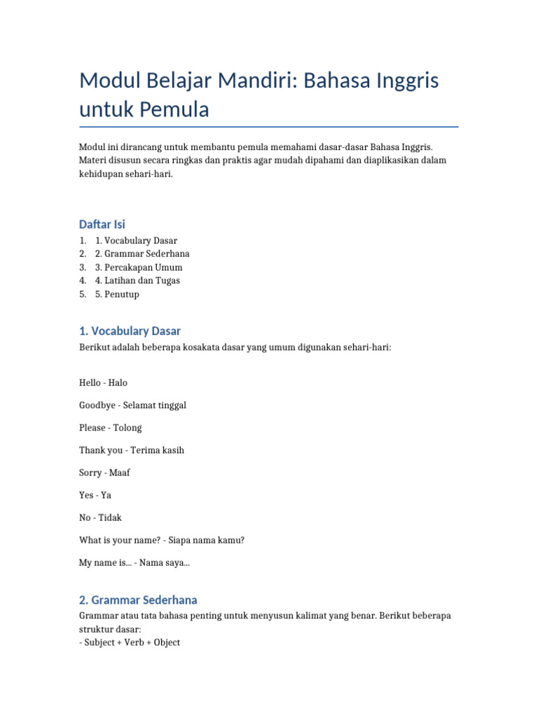 Modul Bahasa Inggris Pemula | PDF
