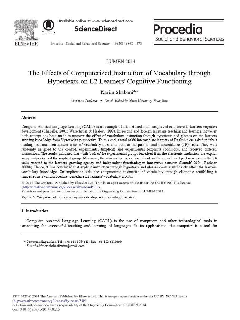 Effects of Hypertext on L2 Vocabulary Learning | PDF | Reading ...