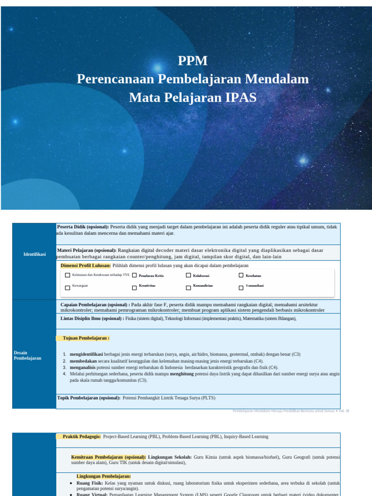 RPP Pembelajaran Deep Learning Kelas 1 SD | PDF
