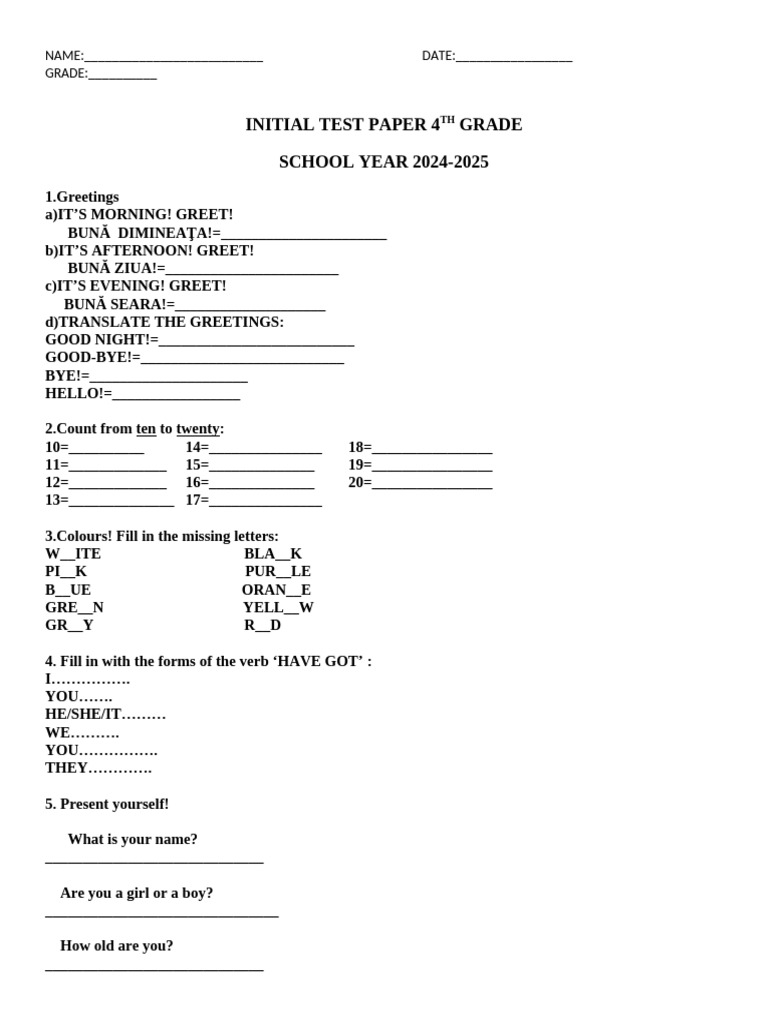 4th Grade Initial Test Paper 2024-2025 | PDF