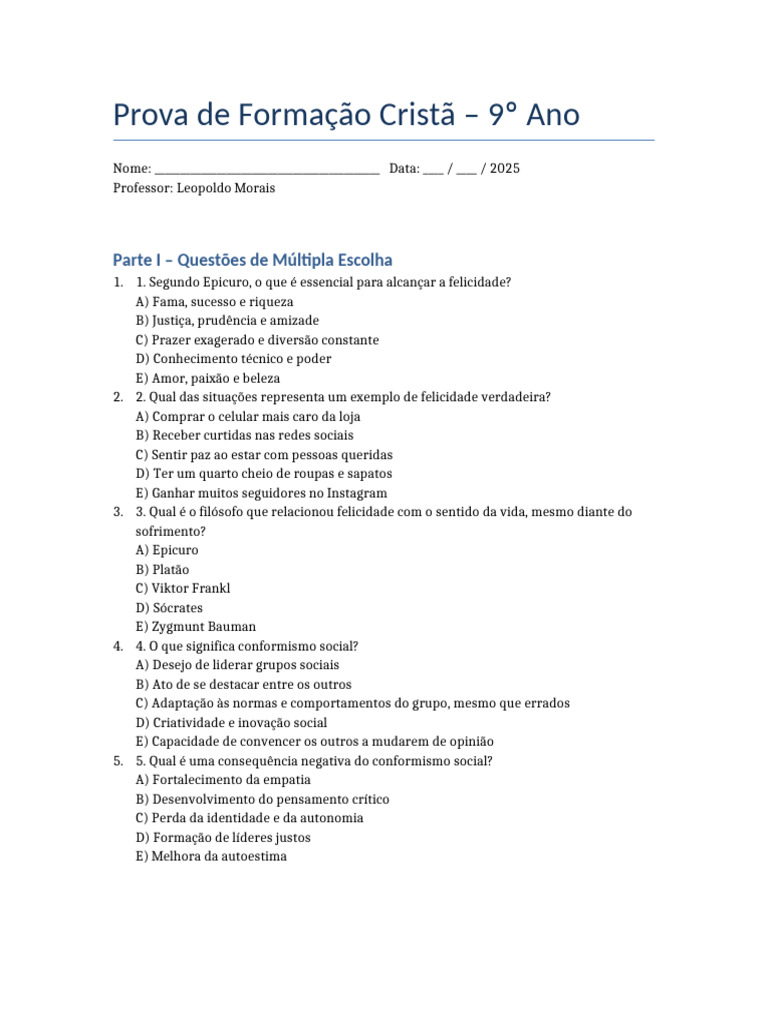 Prova 9ano Formacao Crista | PDF