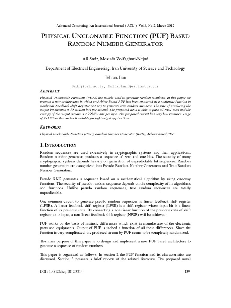 Physical Unclonable Function (PUF) Based Random Number Generator | PDF ...
