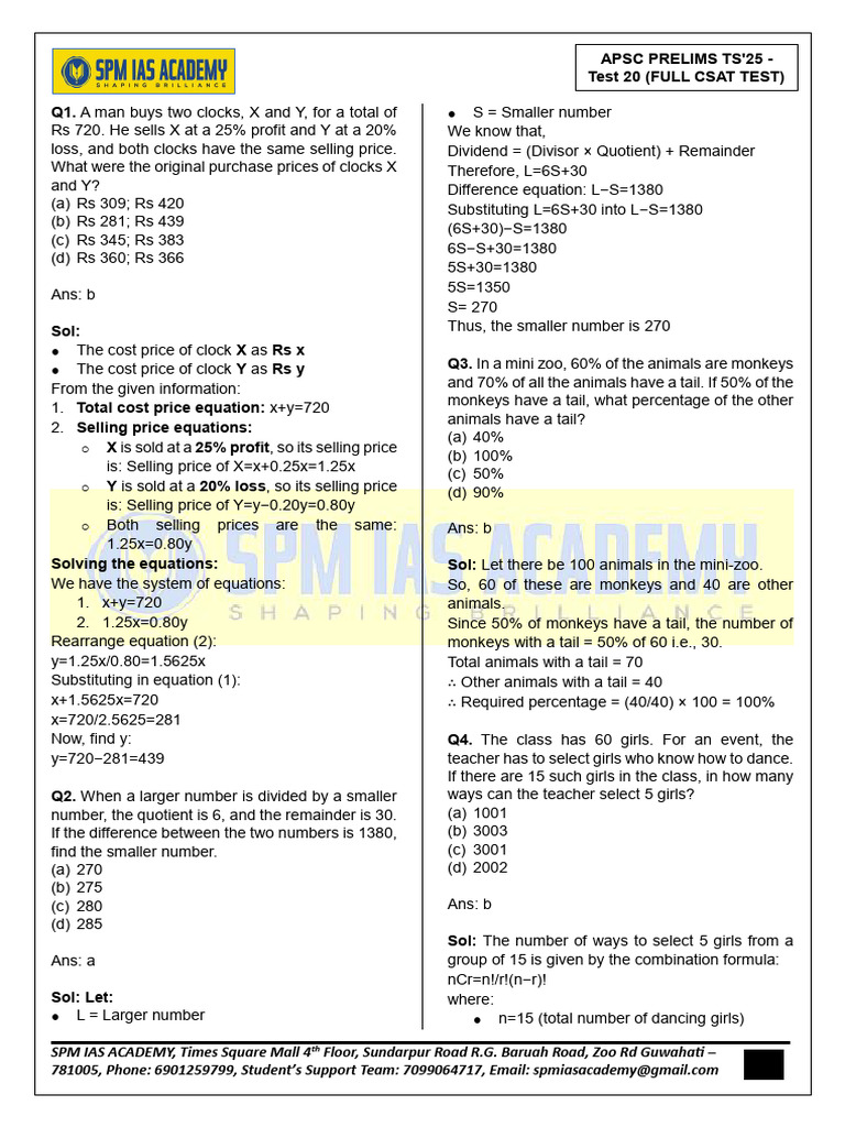 Apsc Cce Prelims Ts'25 - Test 20 (Full Csat) | PDF | Elementary ...