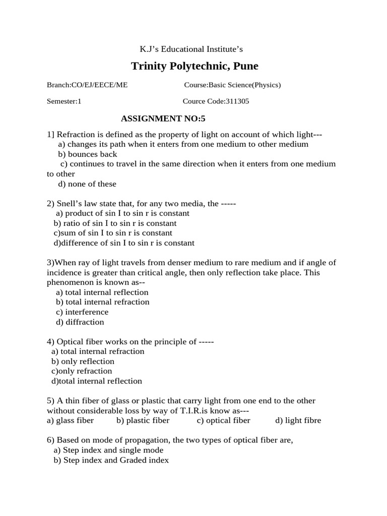 Physics Assignment on Light Refraction | PDF