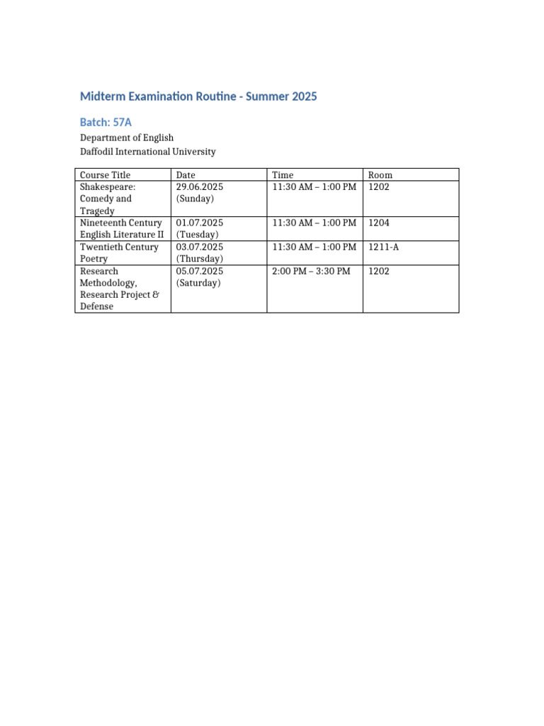 Batch 57A Midterm Routine Summer 2025 | PDF
