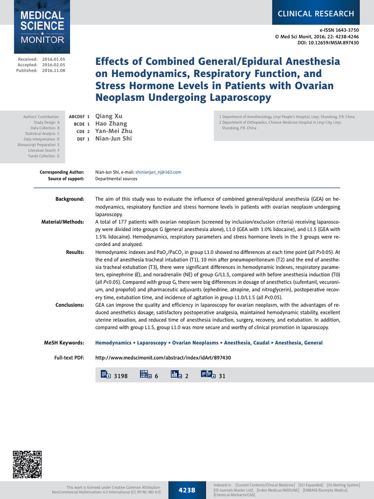 Effects of Combined GeneralEpidural Anesthesia On Hemodynamics ...