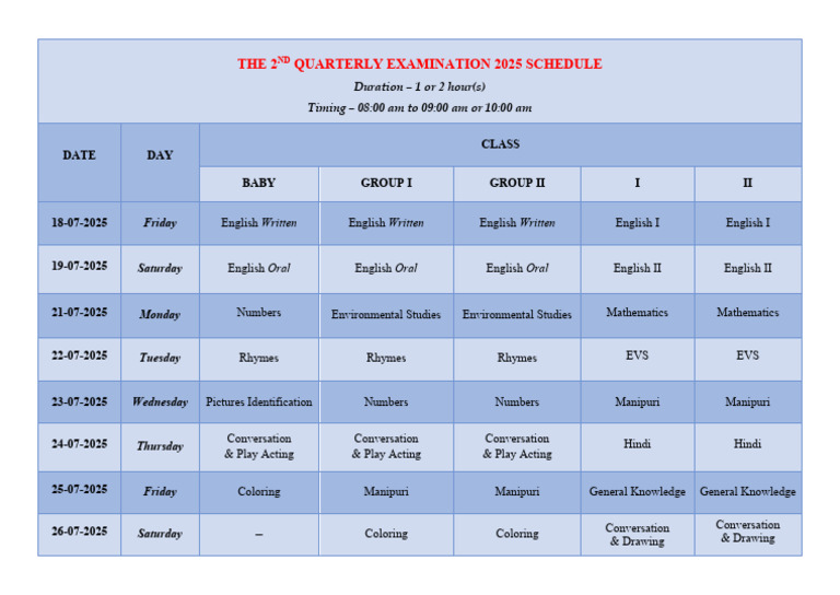 Exam Schedule (Baby Class - Class II) - 1 | PDF