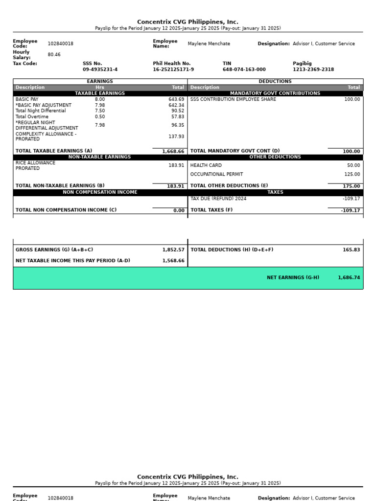 Concentrix CVG Philippines, Inc.: Description Hrs Total Description ...