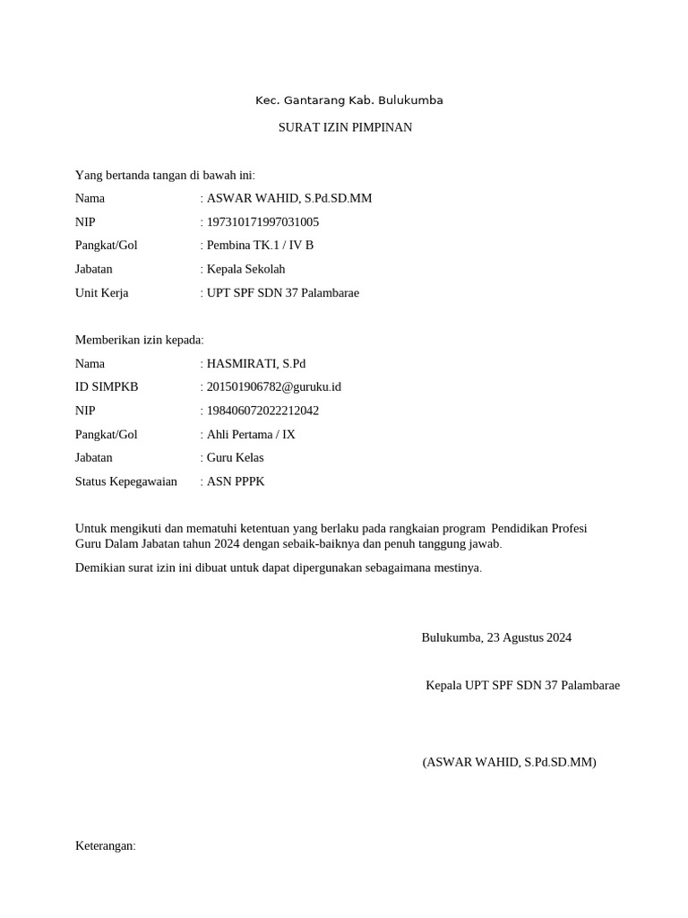 Surat Izin Guru untuk Pendidikan Profesi | PDF