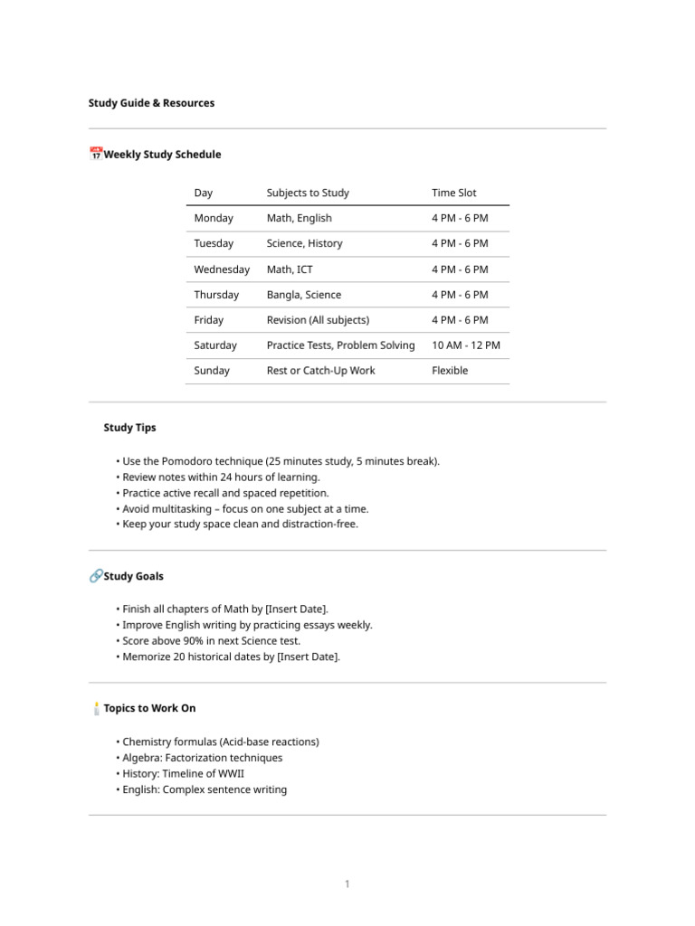 Weekly Study Schedule & Tips Guide | PDF