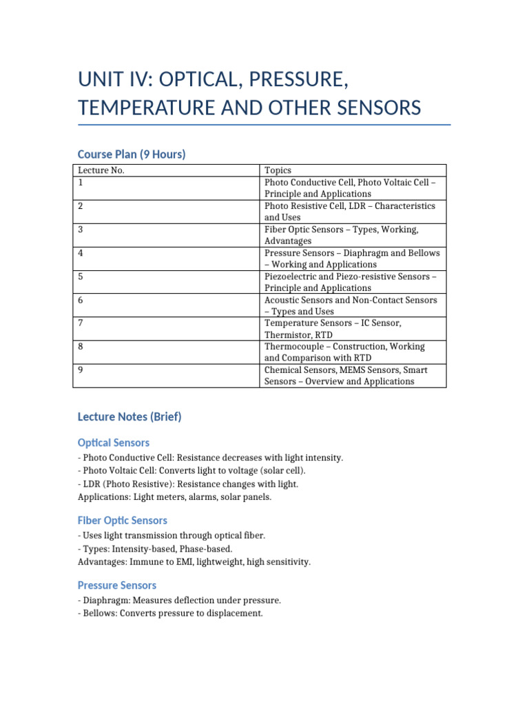 Sensors Overview and Applications | PDF | Sensor | Pressure Measurement