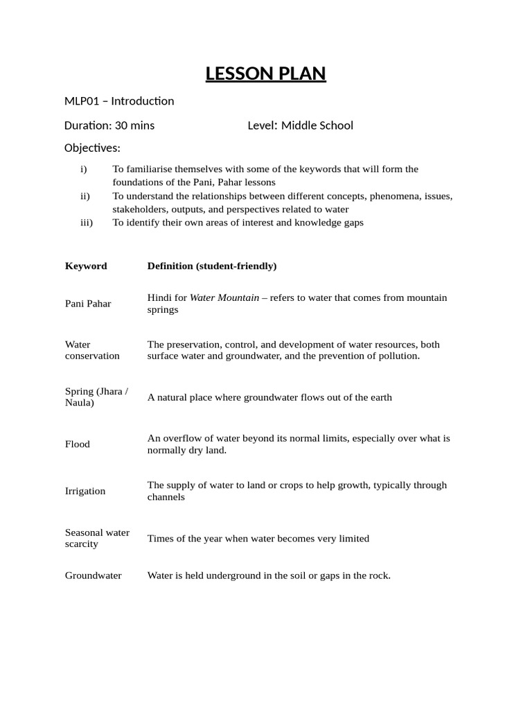 Pani Pahar: Water Conservation Lesson Plan | PDF | Water | Groundwater