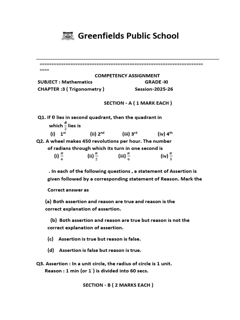 Grade XI Mathematics Competency Assignment | PDF | Function ...