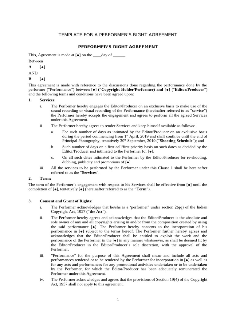 Performer Agreement Template | PDF | Copyright | Indemnity