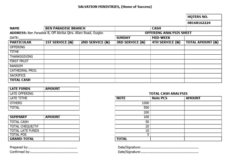 Salvation Ministries Offering Sheet | PDF