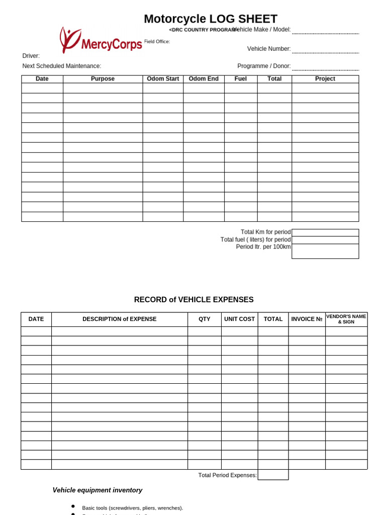 Log Sheet Moto Mercy Corps | PDF