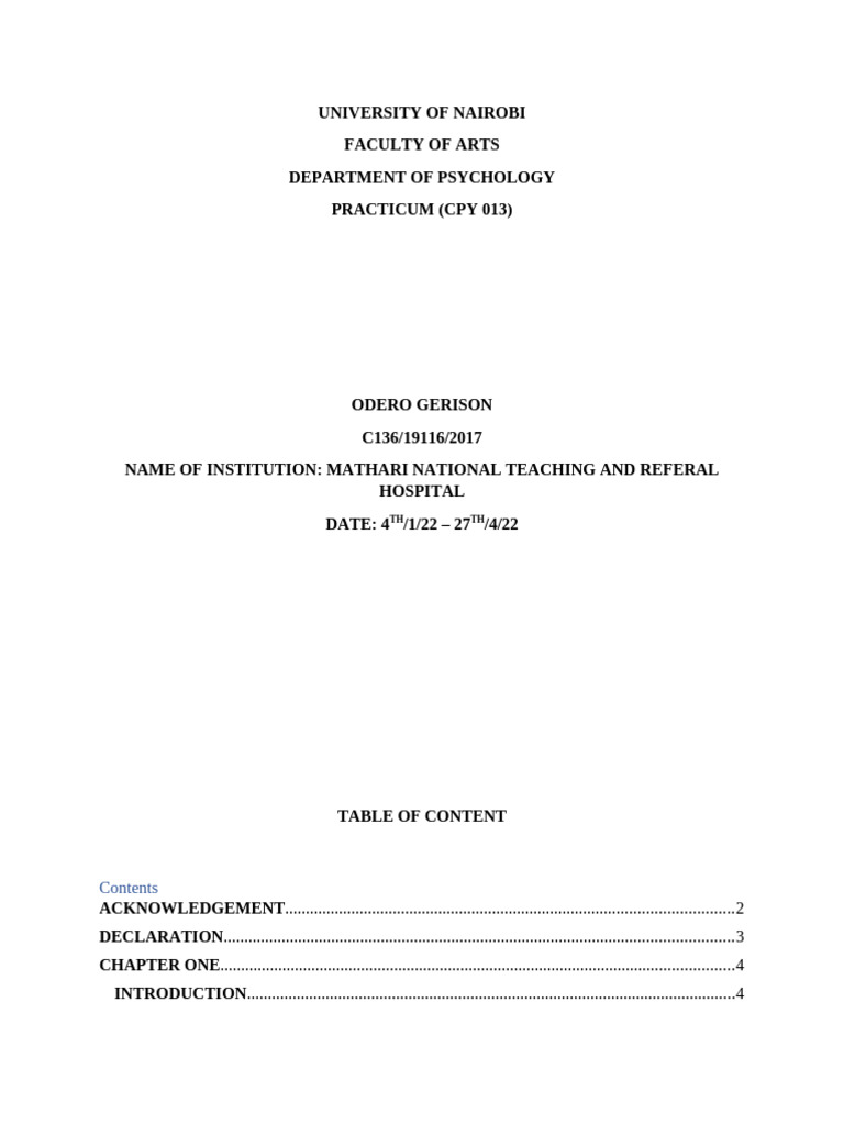 Practicum Report: Mathari Hospital | PDF | Psychiatry | Psychotherapy