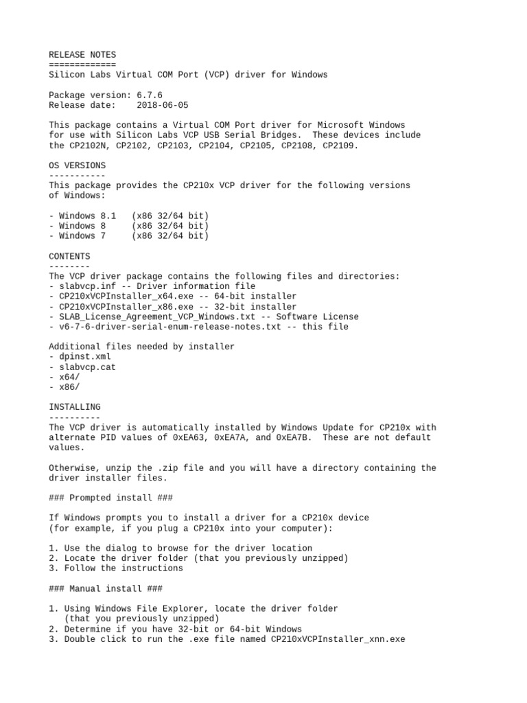 VCP Driver Release Notes 6.7.6 | PDF | Microsoft Windows | Device Driver