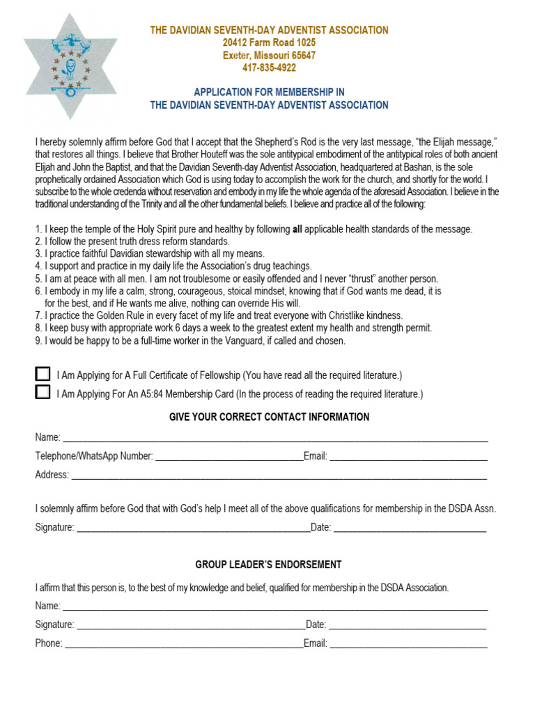 Davidian SDA Membership Application Form | PDF | Religious Belief And ...