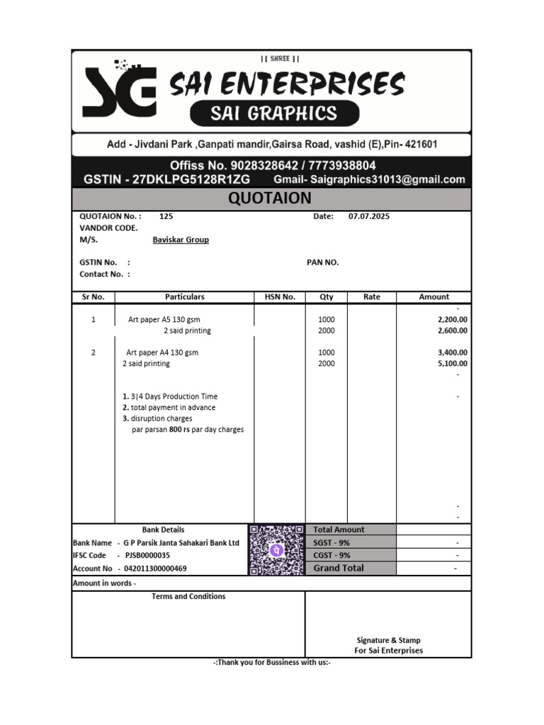 Quotation for Sai Enterprises Printing | PDF