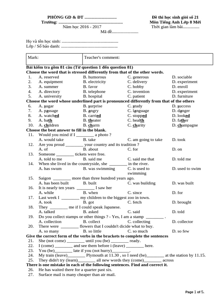 Grade 8 English Proficiency Test 2016-2017 | PDF | English Language