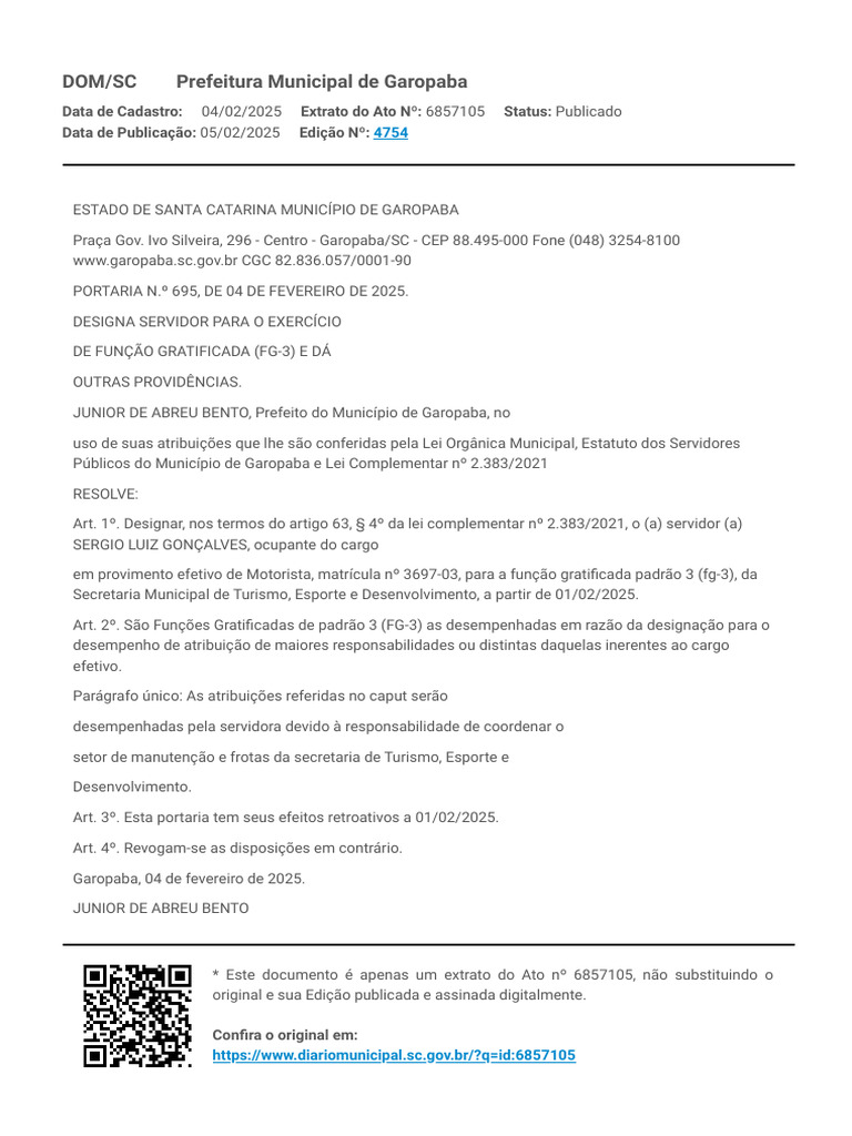 Designação de Servidor em Garopaba | PDF