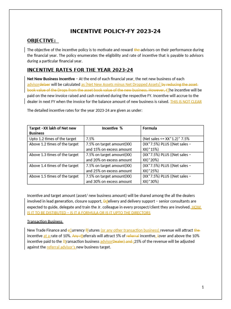 Incentive Policy 2023-24 - Tweaked | PDF | Book Value | Business
