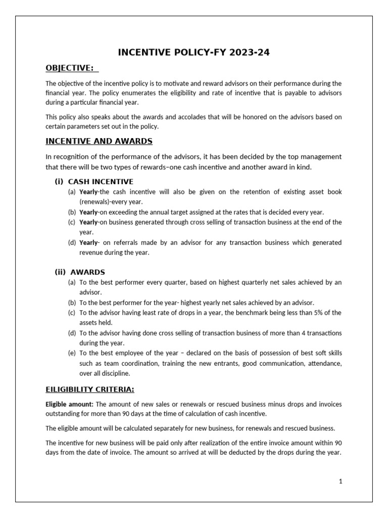 FY 2023-24 Advisor Incentive Policy | PDF | Incentive | Revenue