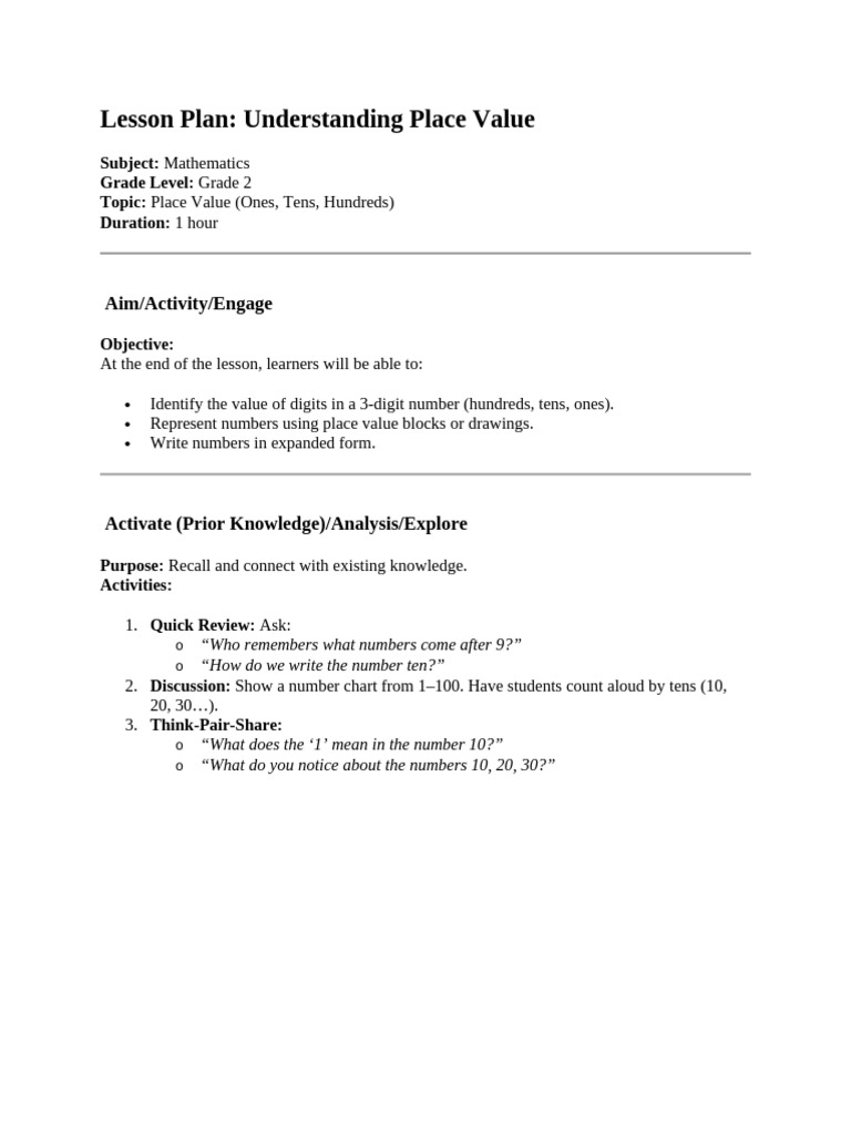 Grade 2 Place Value Lesson Plan | PDF | Learning | Lesson Plan