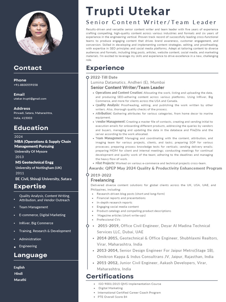Senior Content Writer & Team Leader Profile | PDF | Information ...