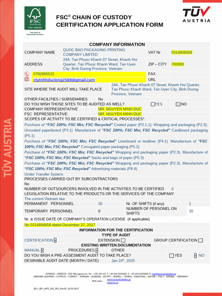 1. Fsc - Application Form - Quốc Bảo | PDF | Forest Stewardship Council ...