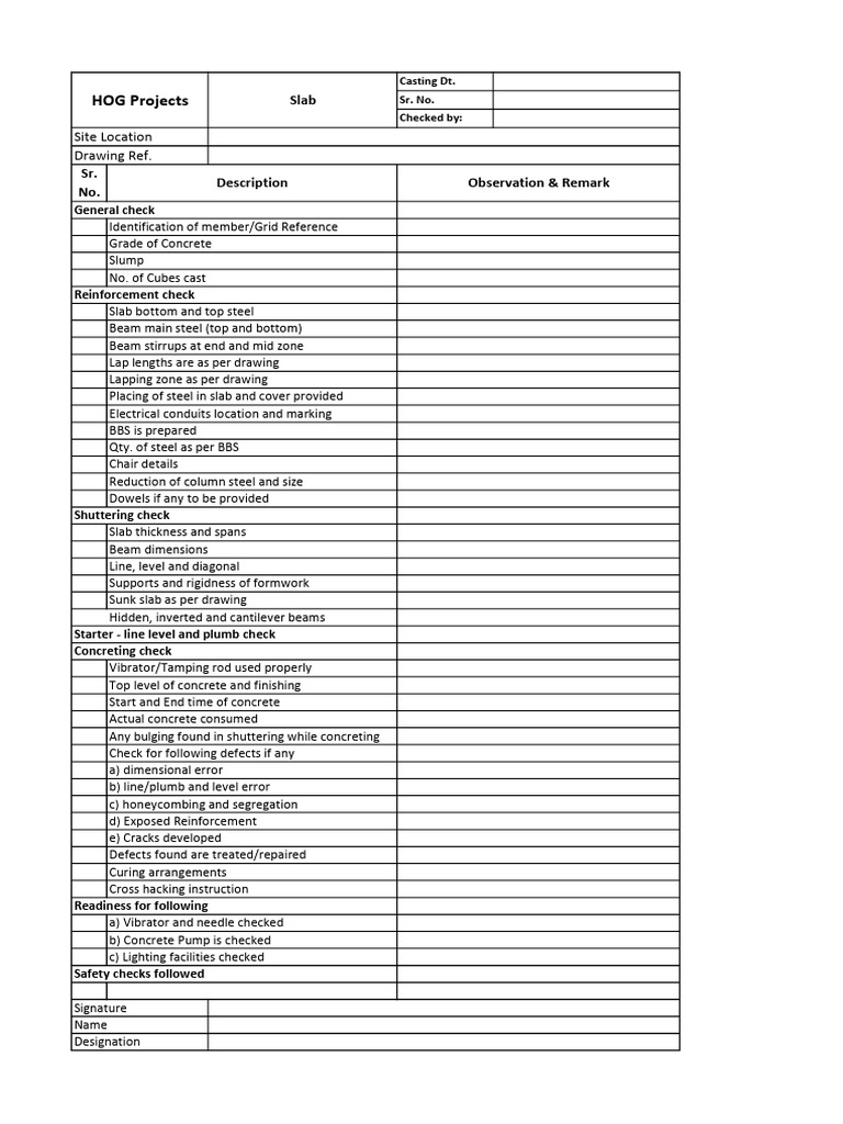 HOG Project Slab Casting Checklist | PDF