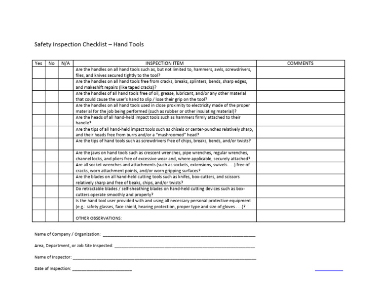Safety Inspection Checklist Hand Tools | PDF | Tools | Manufactured Goods