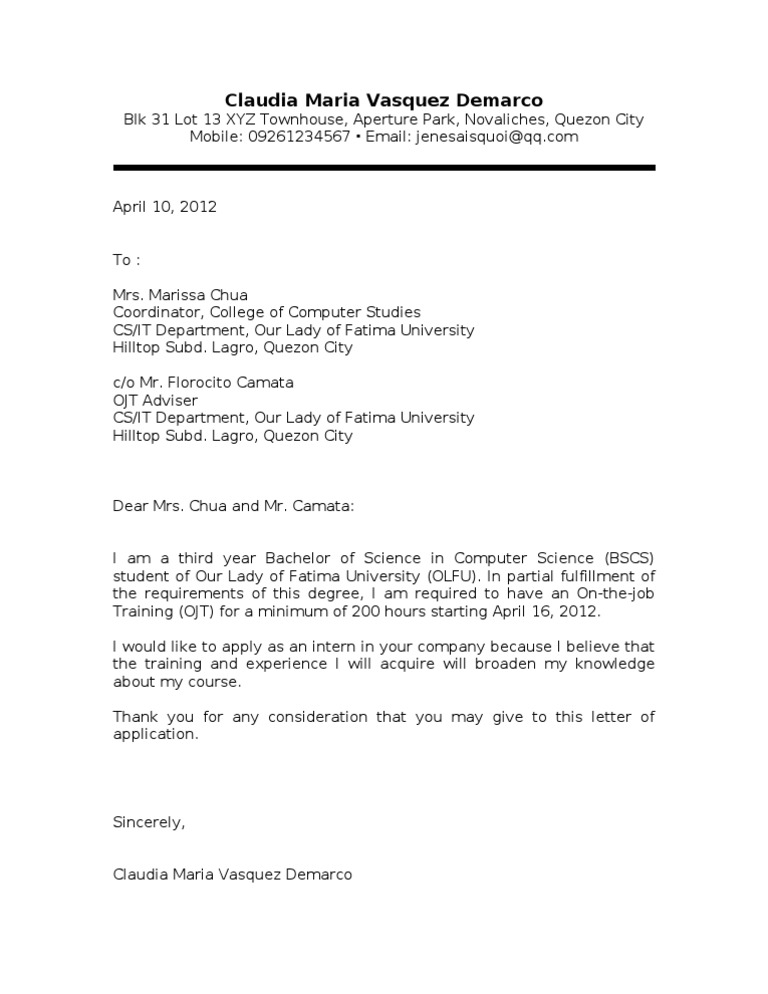 Ojt Application Letter Sampler