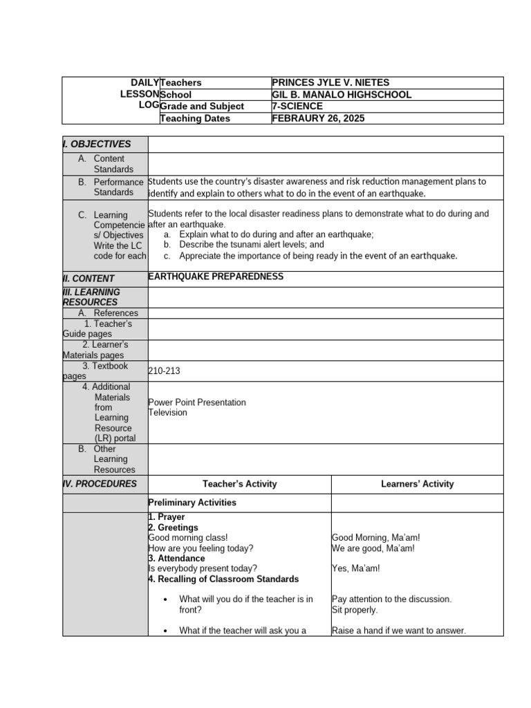 Earthquake Preparedness Lesson Plan | PDF | Earthquakes | Tsunami