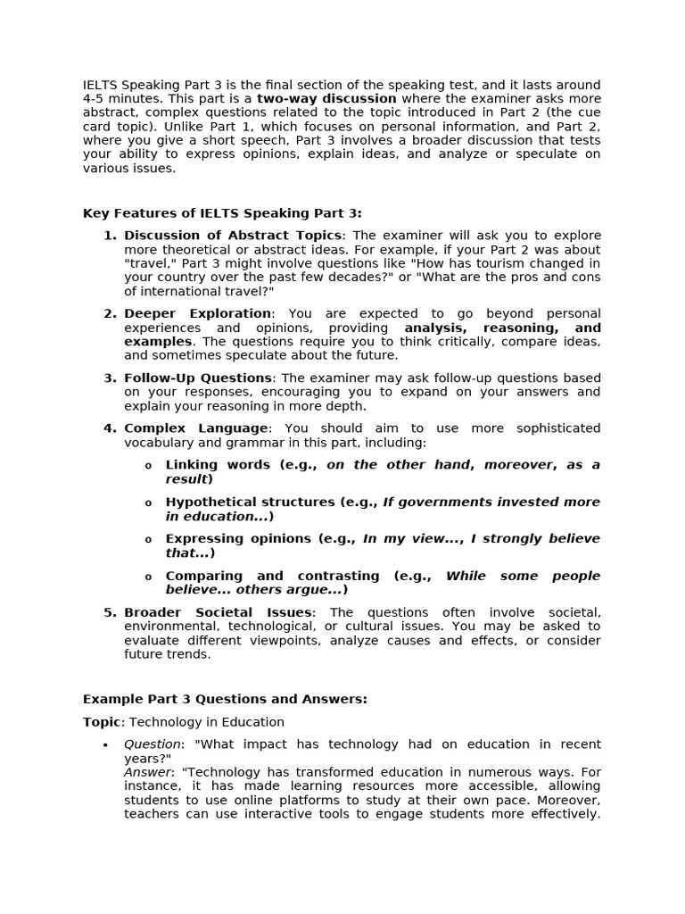IELTS Speaking Part 3 Overview | PDF | Question | Cognitive Science