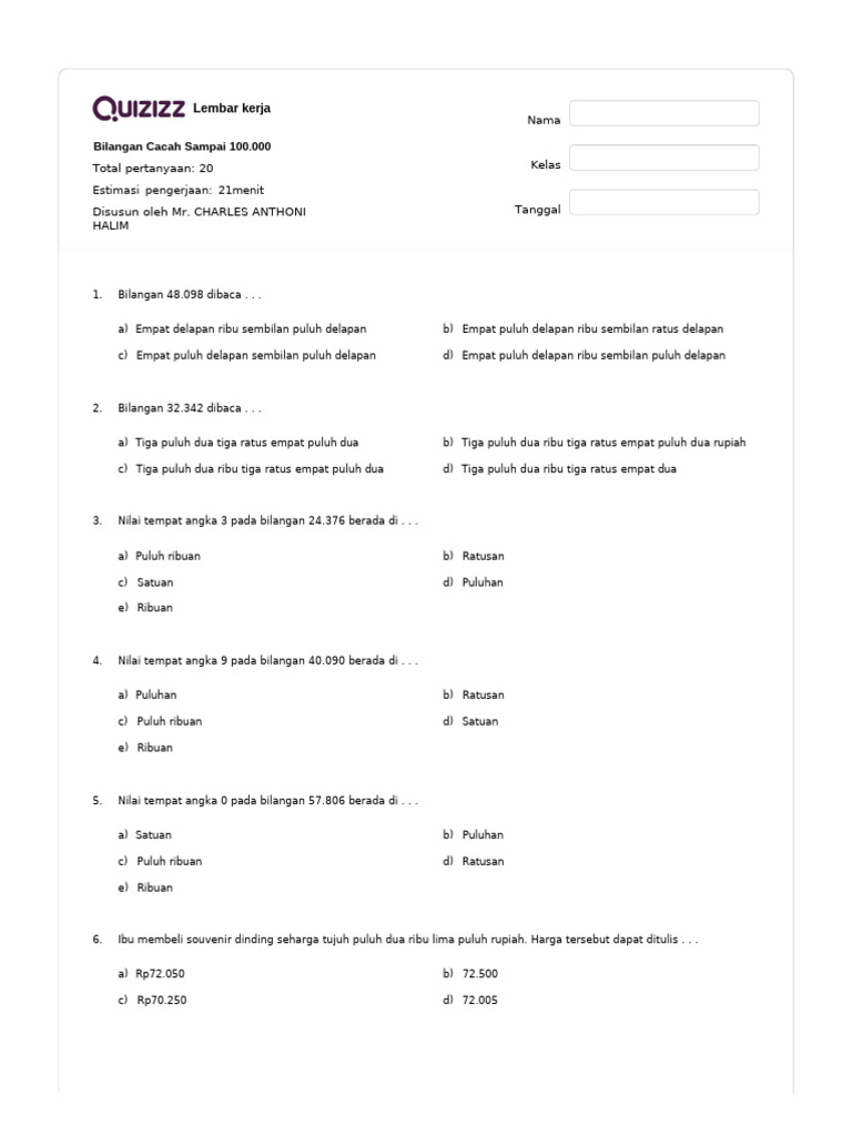 Soal Bilangan Cacah Kelas 5 Quizizz | PDF