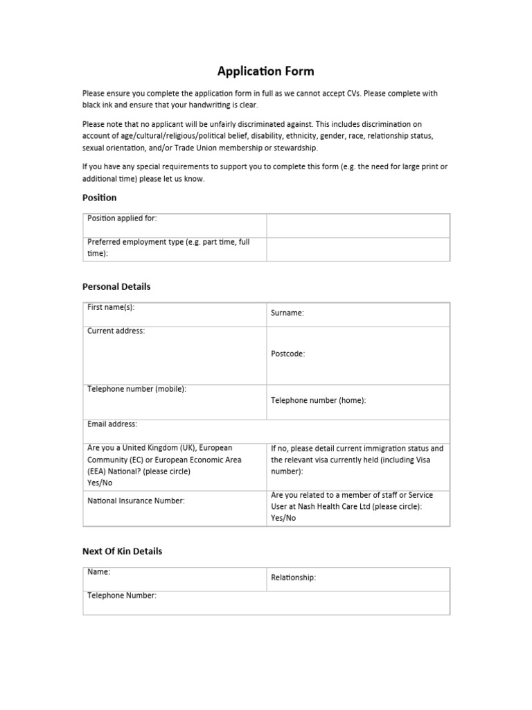 Nash Healthcare Application Form | PDF | Discrimination | Disability