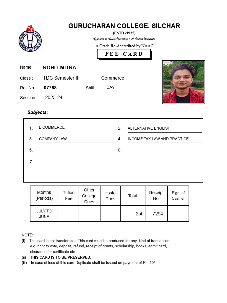 Fee Card Rohit | PDF