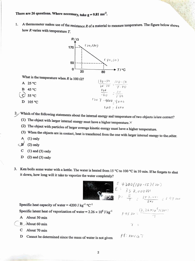 Physics Questions on Thermodynamics and Motion | PDF | Force | Pressure