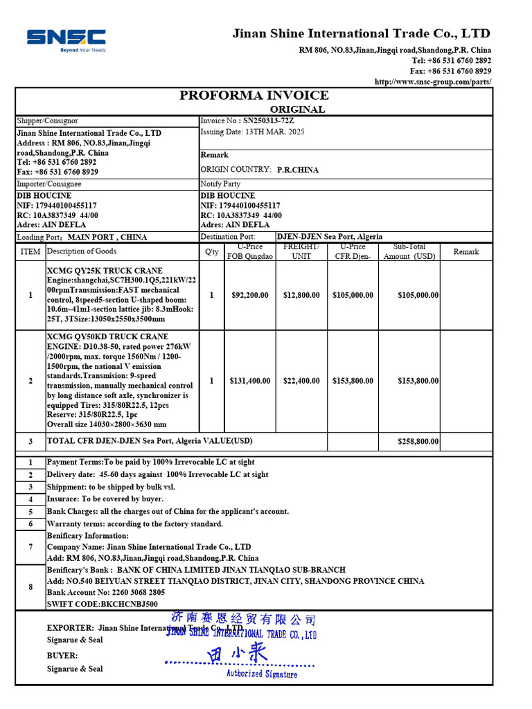 Mobile Crane Proforma Invoice | PDF