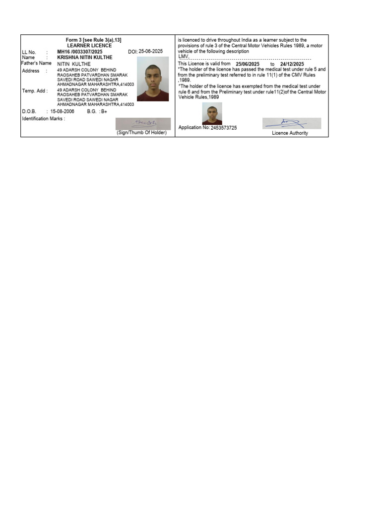 Learner Licence Details for Nitin Kulthe | PDF