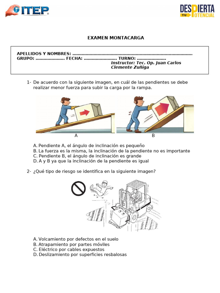 Examen de Seguridad y Operación de Montacargas | PDF | Máquina elevadora