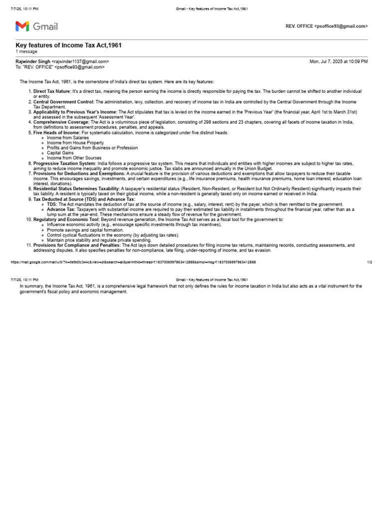 Key Features Of Income Tax Act 1961 Pdf Taxes Income Tax