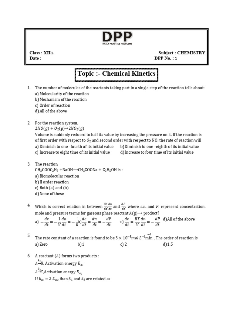 Chemical Kinetics Practice Questions | PDF | Reaction Rate | Chemical ...