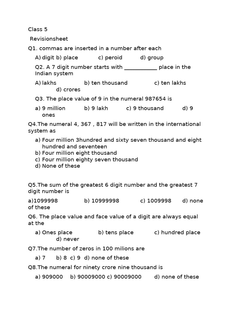 Math Revision Sheet for Class 5 | PDF | Numbers | Mathematical Notation