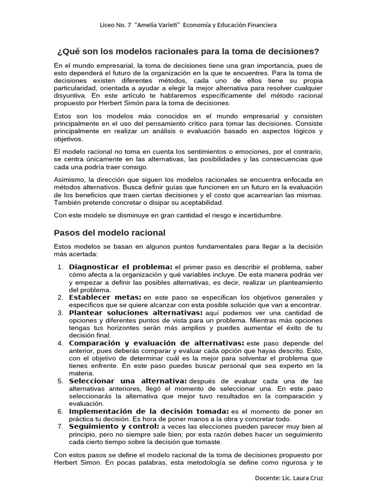 Modelos Racionales en Decisiones Empresariales | PDF | Toma de ...