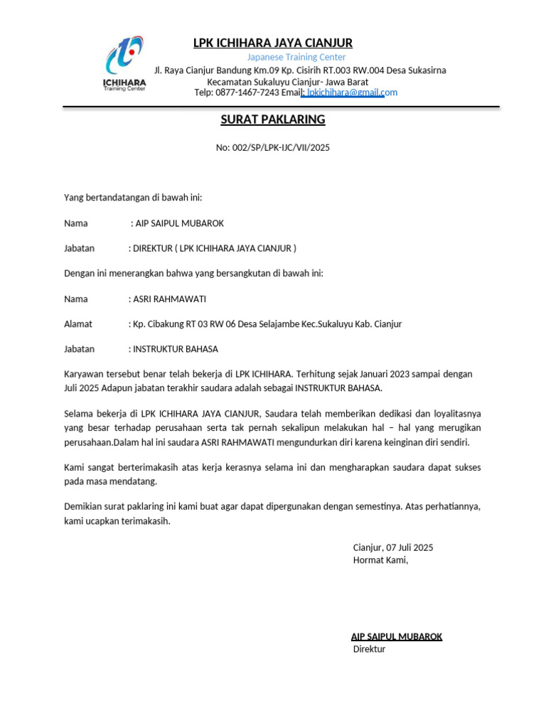 Surat Paklaring LPK Ichihara Jaya Cianjur | PDF